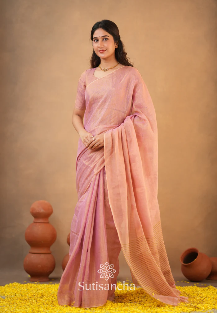 Tissue Cotton Handloom Saree with Artisanal Stepped Border